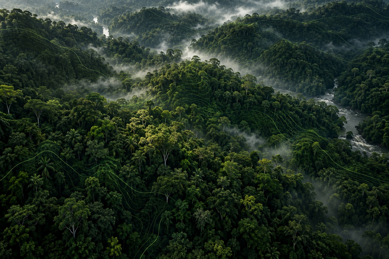 Ilustrasi kanopi hutan dengan aliran sungai dan garis kontur